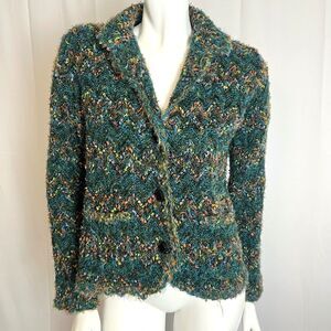 Vintage Tweeds Wool Blend Knit Blazer Green Blue Striped Cardigan Size S